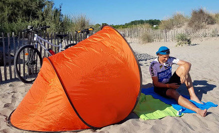 Unser Strandzelt Schutz gegen Sonne Montpellier Strand