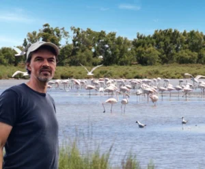 Mika in der Camargue - im Hintergrund Flamingos