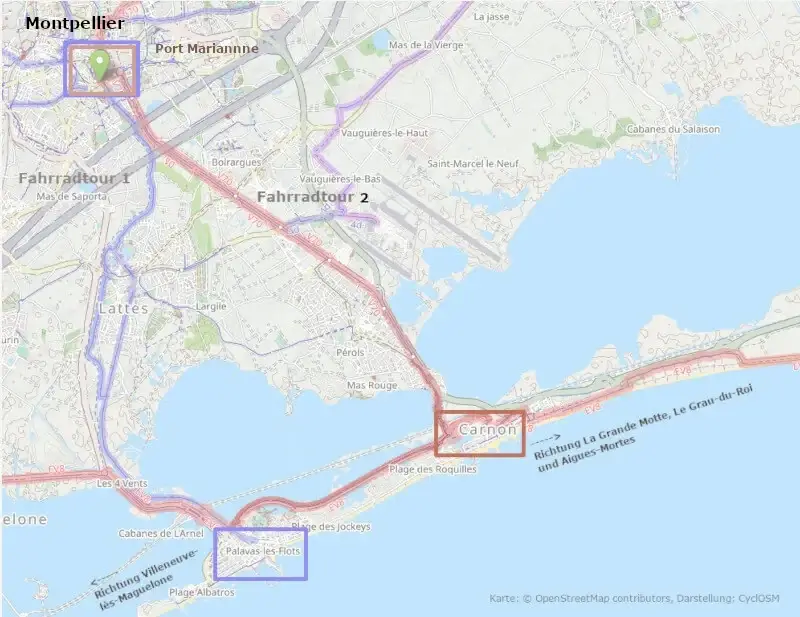 Karte Montpellier - Strand Fahrrad (Vélo): Route nach Carnon und Palavas-les-Flots
