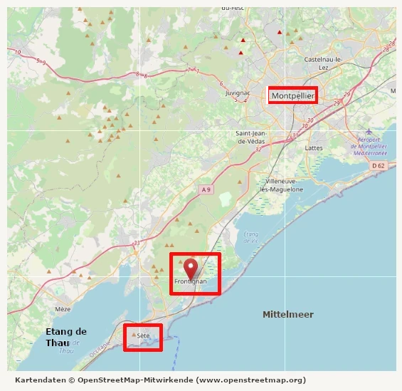 Karte Region um Frontignan - Sète und Montpellier